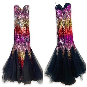 Jovani Sequined Strapless Prom Dress Black Tulle Mermaid Size 0/2 Multilcolor